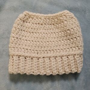 Handmade Crochet‎ Chunky "Knit" Hat w/ Hole for Ponytail or Bun Ivory Adult OSFM